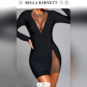 Bella Barnett V-neck Mesh Long Sleeve Bodycon Bandage Dress in black. Large